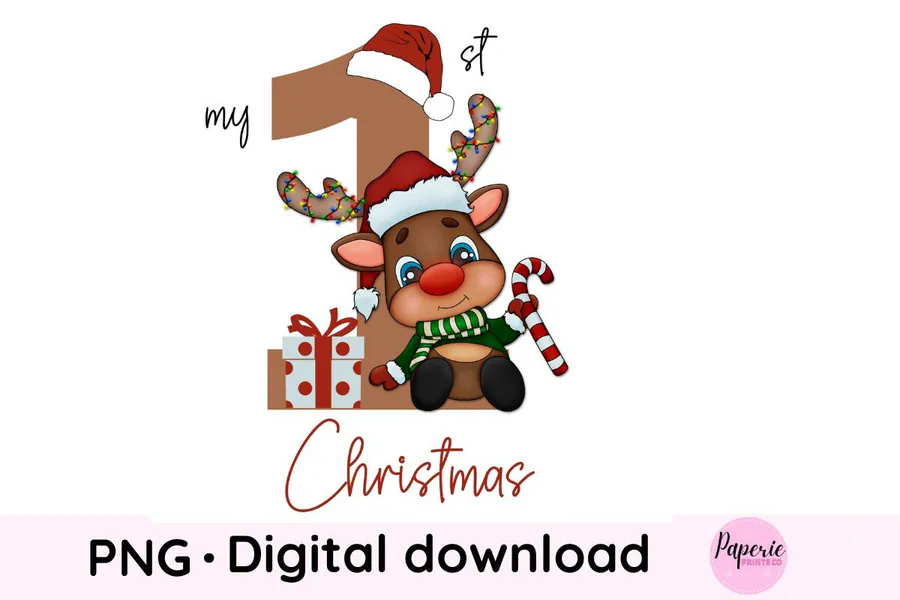 Small Christmas reindeer beside a large numeral one, gifts and a candy cane