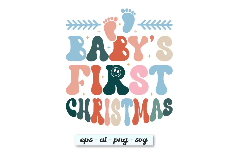 Pastel baby's first Christmas lettering with tiny footprints and arrow details