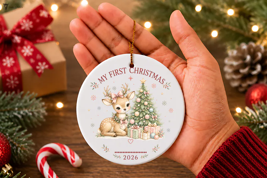 Baby deer beside a Christmas tree with My First Christmas 2026 lettering