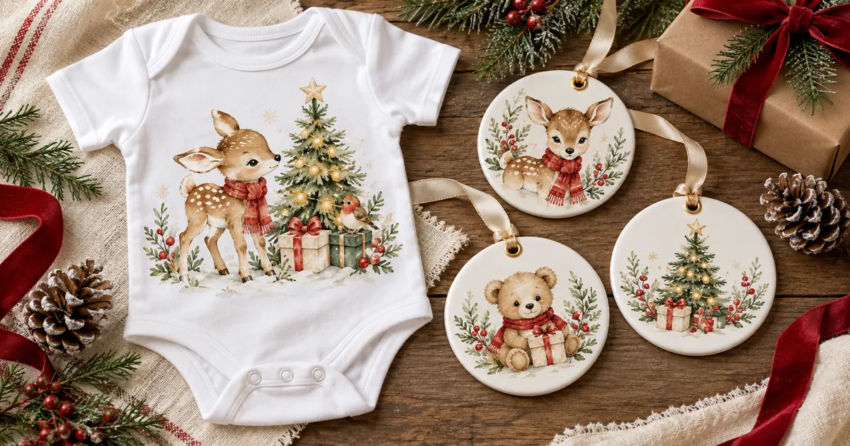 Baby's first Christmas sublimation keepsakes with a light bodysuit and round animal-themed ornaments
