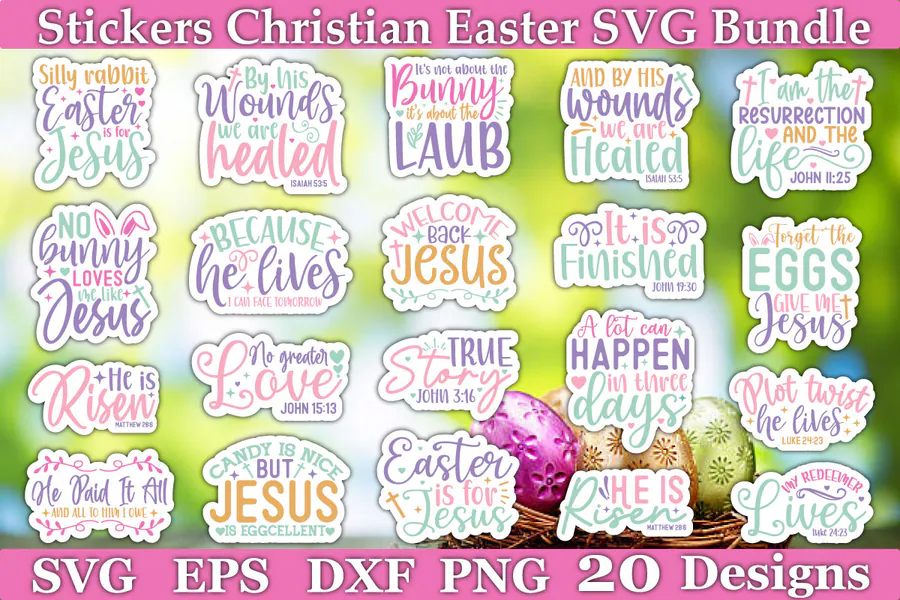 Twenty colorful Christian Easter sticker-style sayings and resurrection messages