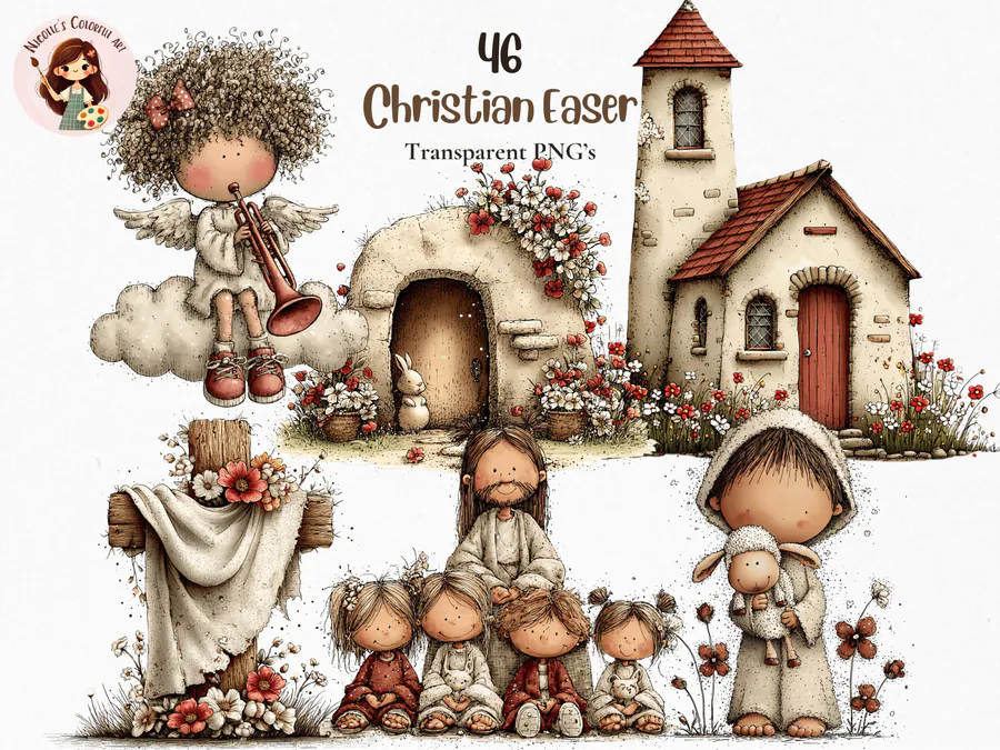 Christian Easter watercolor clipart with a church, cross and gentle child characters