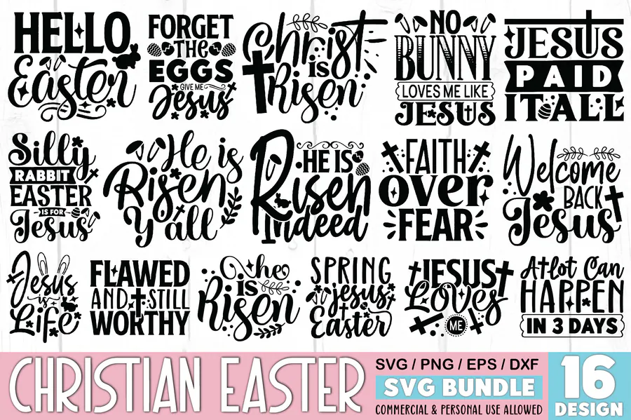 Sixteen Christian Easter quote designs in bold black lettering