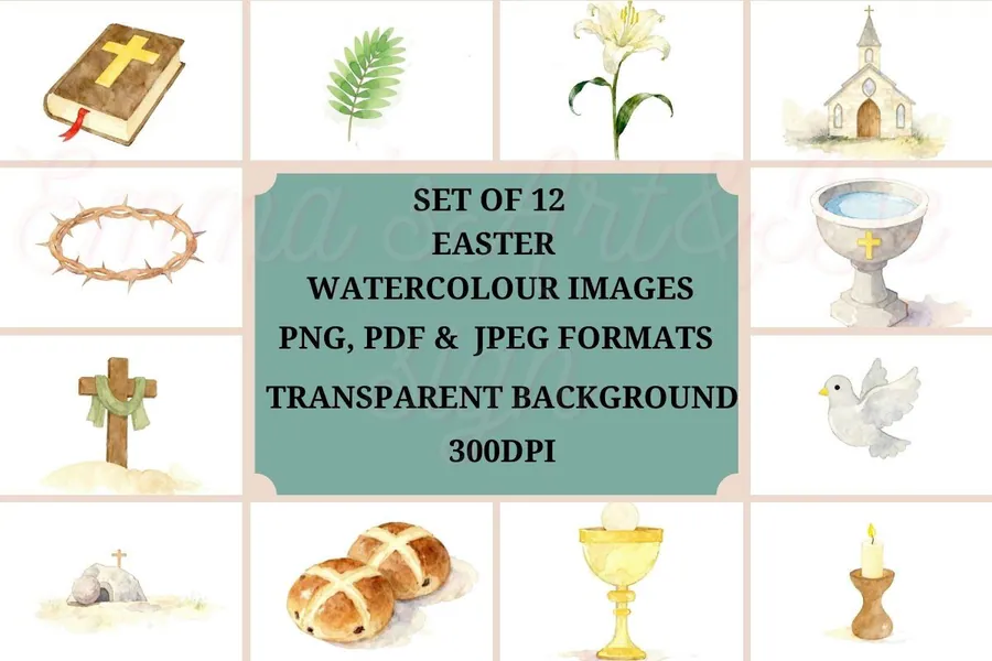 Twelve watercolor religious Easter symbols including a cross, lily, dove and empty tomb