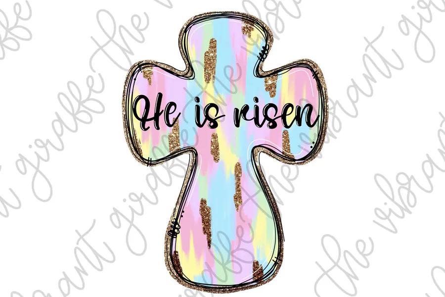 Pastel patterned Easter cross with He Is Risen lettering