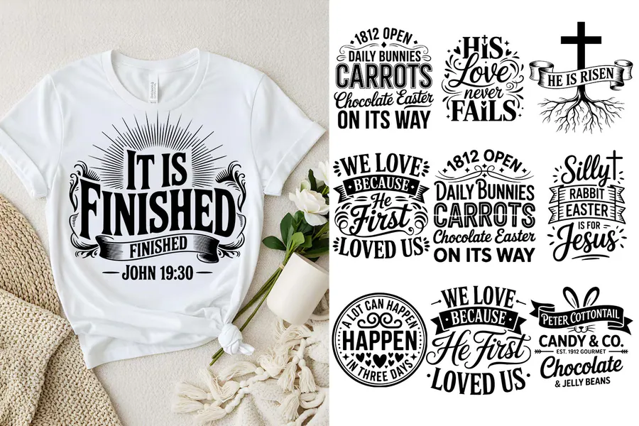 Christian Easter quote bundle with crosses and an It Is Finished shirt preview