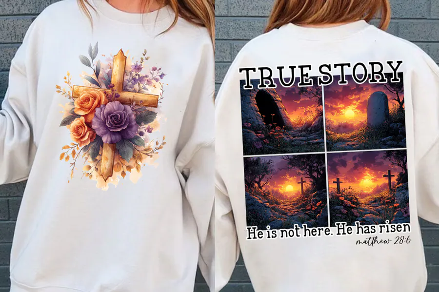 True Story resurrection cross scene and floral shirt example