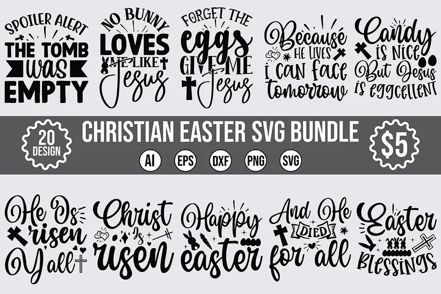 Twenty monochrome Christian Easter phrase designs with He Is Risen and empty tomb messages