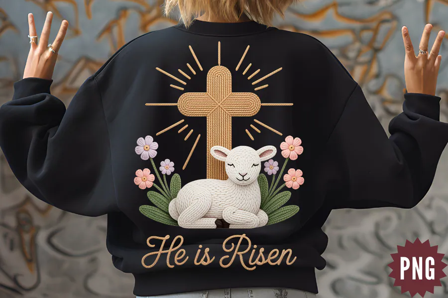 He Is Risen design with a resting lamb, wooden cross and spring flowers