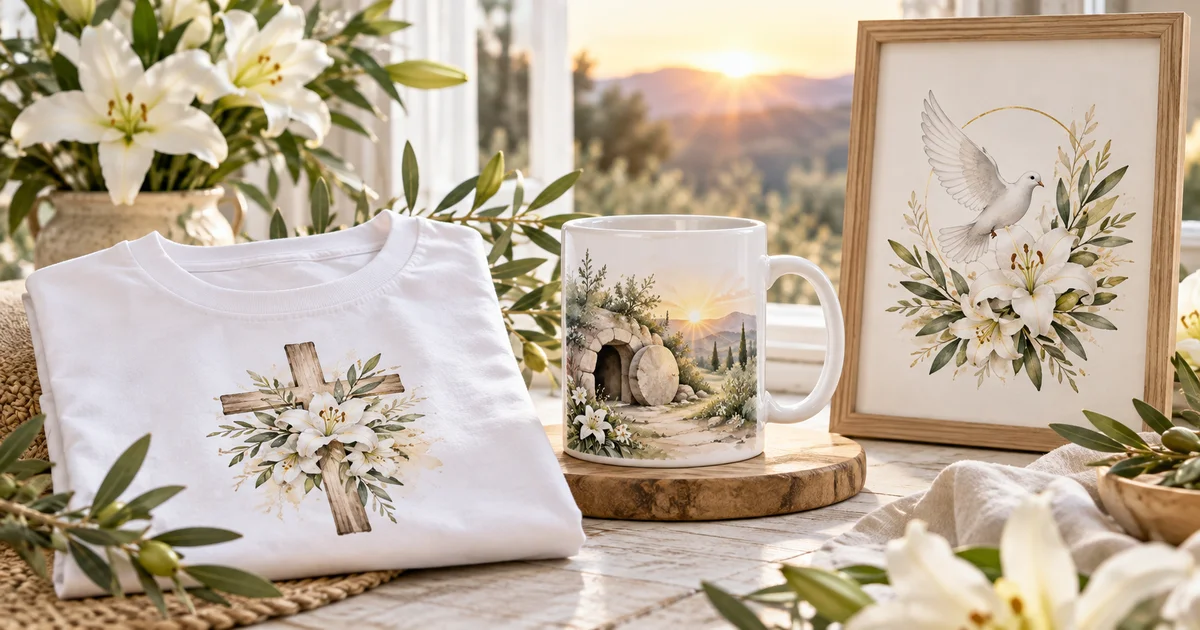 A white shirt and ceramic mug with watercolor Easter crosses beside lilies and craft supplies
