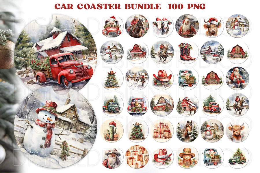 Christmas car coaster PNG collection with red trucks, snowy scenes and festive characters