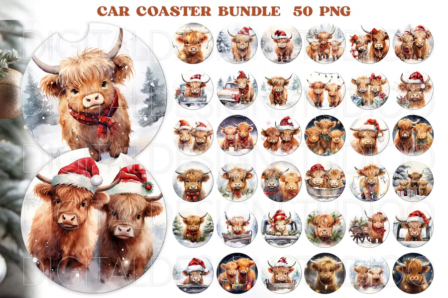 Fifty Christmas Highland cow car coaster designs with festive hats and snowy backgrounds