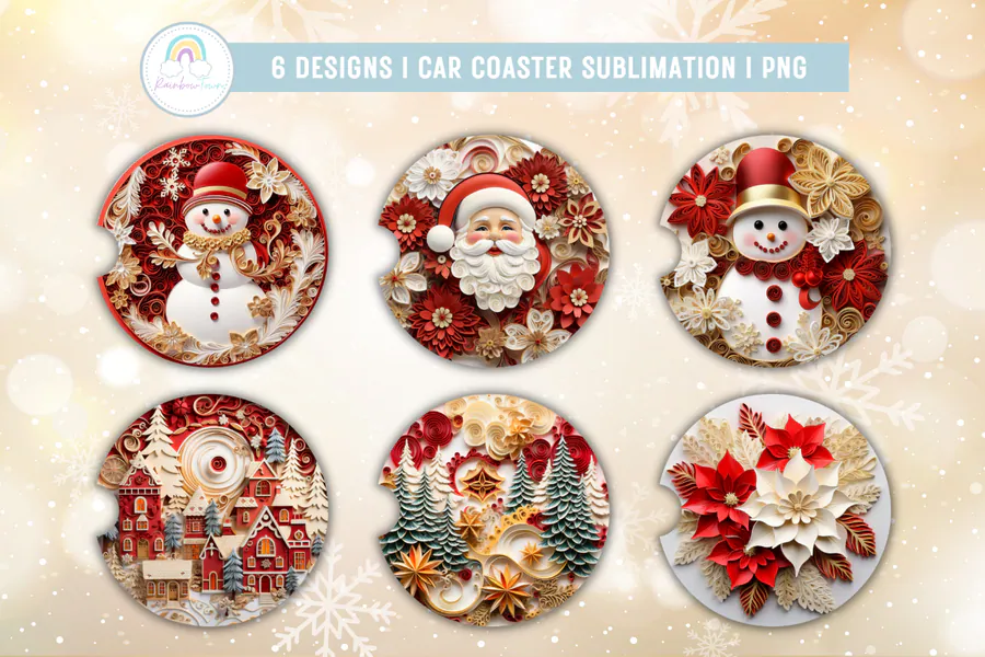 Twelve Christmas car coaster PNGs in full-circle and finger-notch layouts