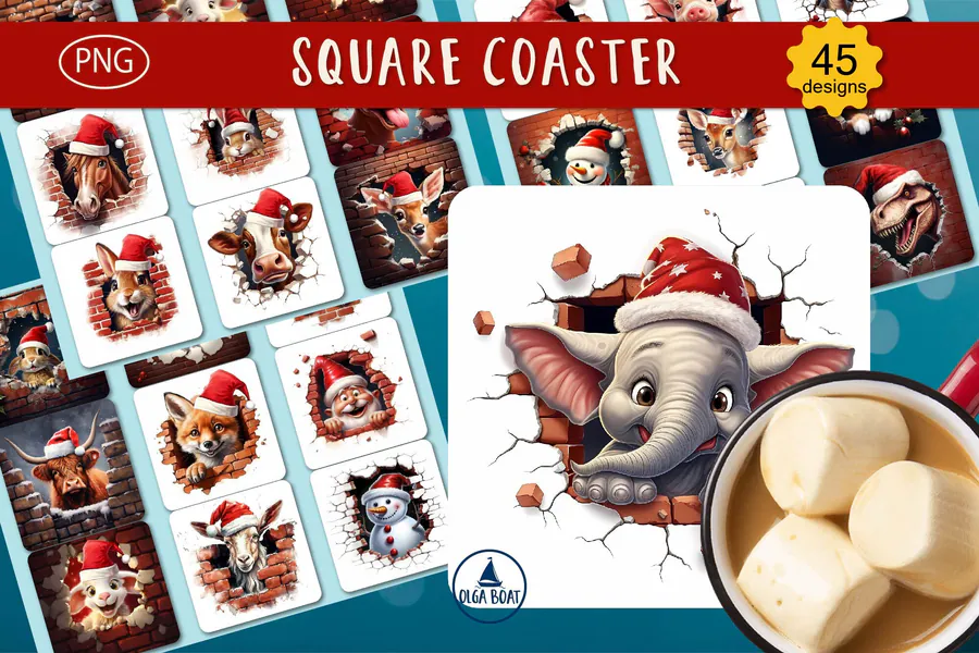 Square Christmas animal coaster designs with a faux cracked-background effect