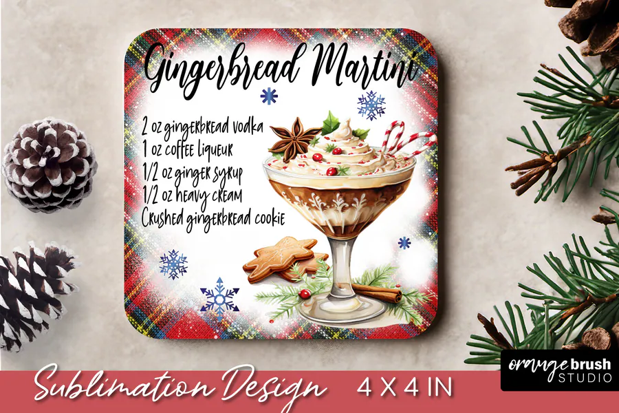 Watercolor gingerbread martini square Christmas coaster design with decorative lettering