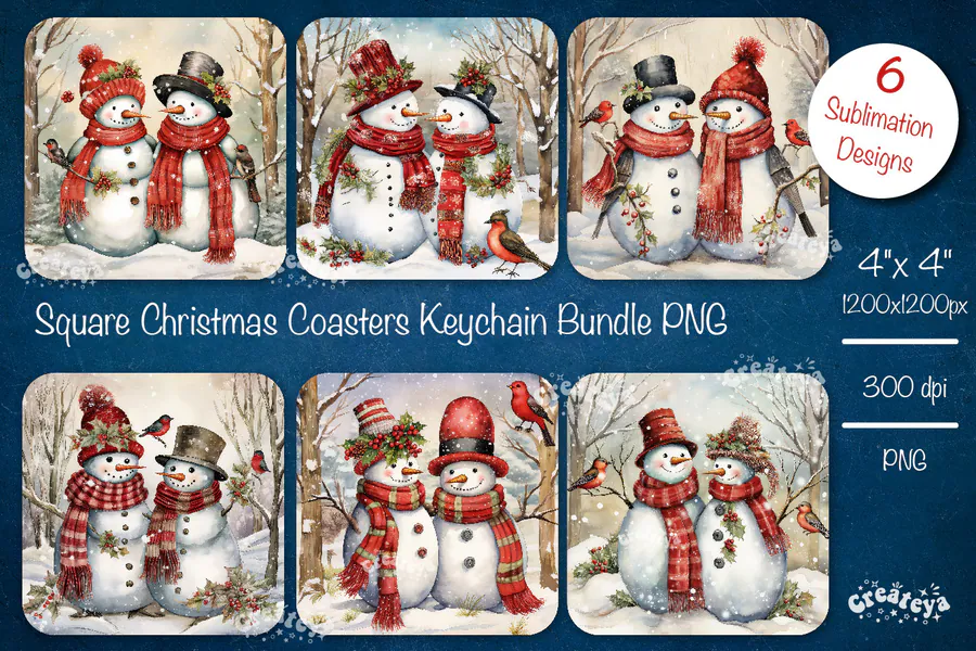 Six square Christmas coaster PNGs with paired snowmen and warm woodland backgrounds