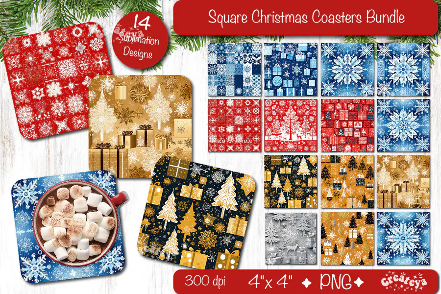 Fourteen square Christmas coaster patterns in blue, red and gold with snowflakes