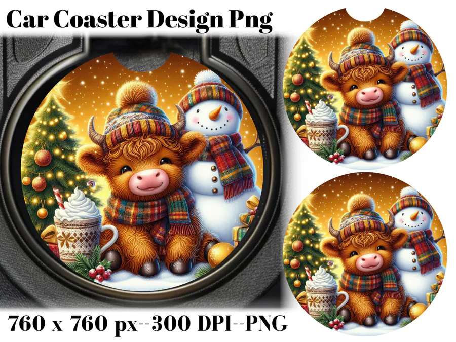 Blue Christmas car coaster artwork with a cow, snowman and winter accents