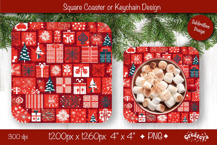Red Christmas patchwork pattern on a square coaster sublimation design