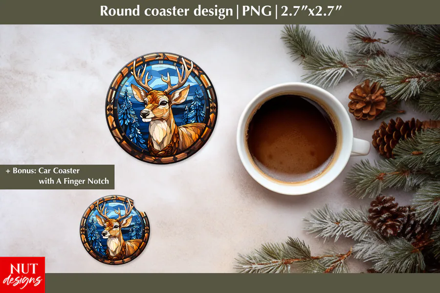 Round Christmas deer coaster artwork in blue and gold stained-glass style