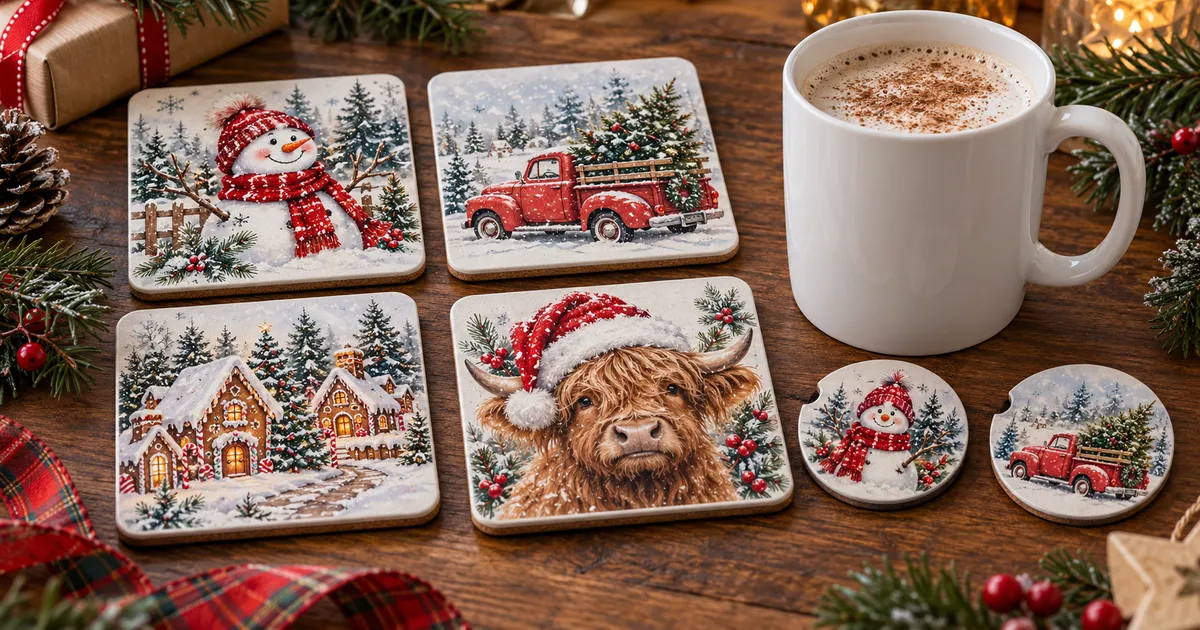 Christmas coaster sublimation ideas with square table coasters and round notched car coasters on a craft table