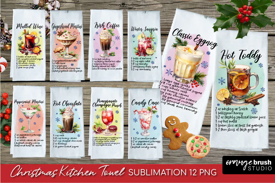 Christmas kitchen towel bundle showing twelve watercolor holiday drink designs