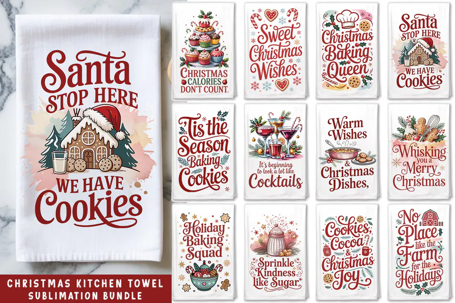 Christmas baking towel PNG bundle with cookie, cocoa and festive quote designs