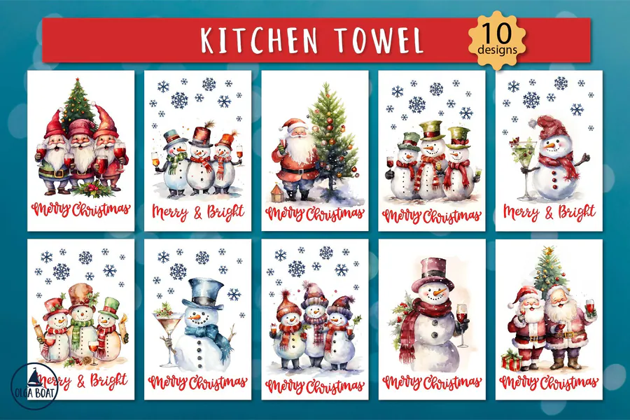 Christmas kitchen towel designs with snowmen, Santa and wine glasses