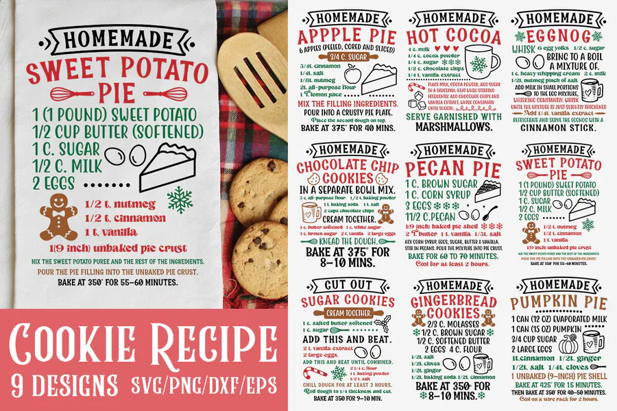 Vintage Christmas cookie recipe designs with farmhouse baking typography