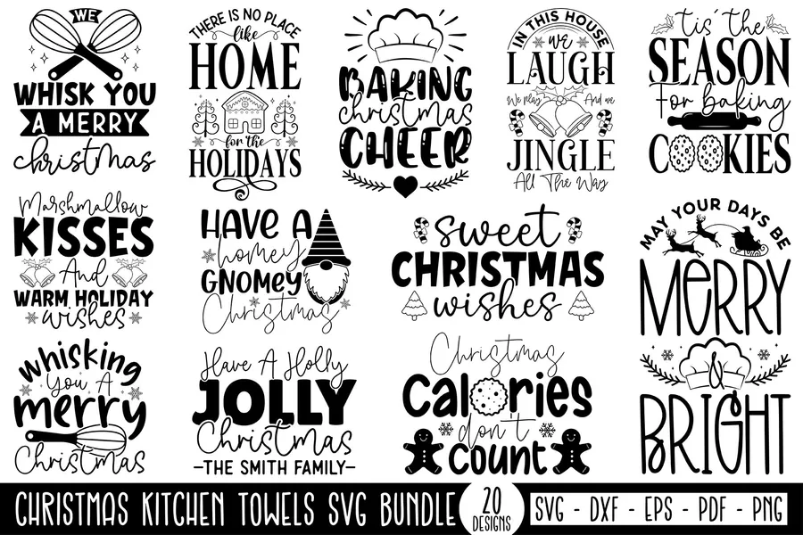 Christmas kitchen towel SVG bundle with black baking sayings and whisk graphics