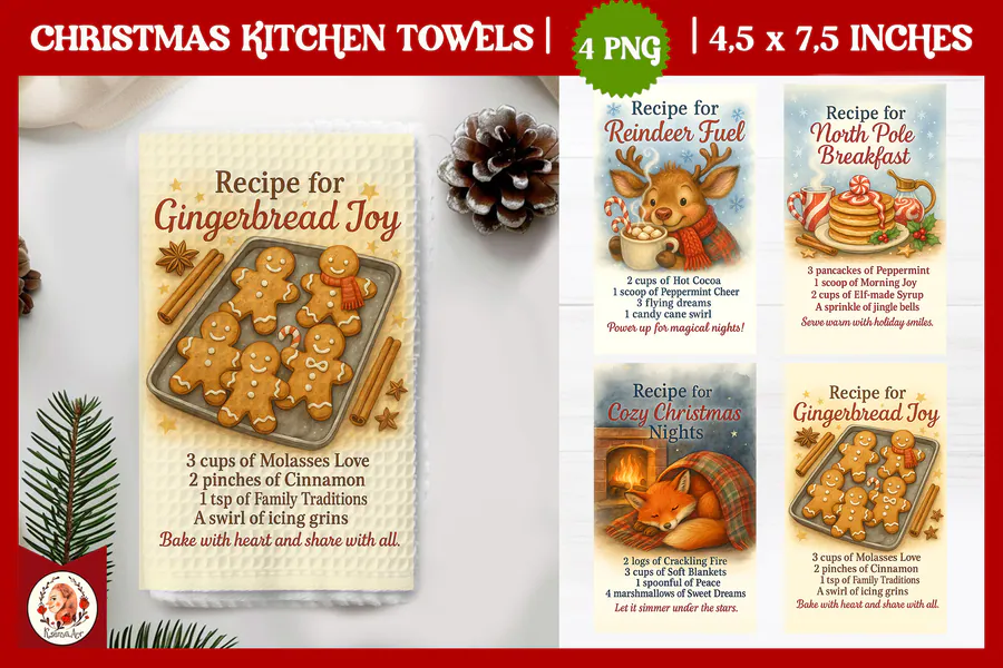 Four Christmas recipe poem towel designs with gingerbread, reindeer, pancakes and fox