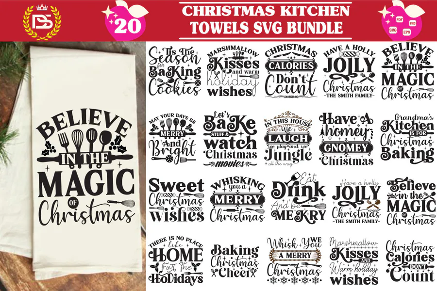 Christmas kitchen towel lettering bundle with baking and holiday sayings