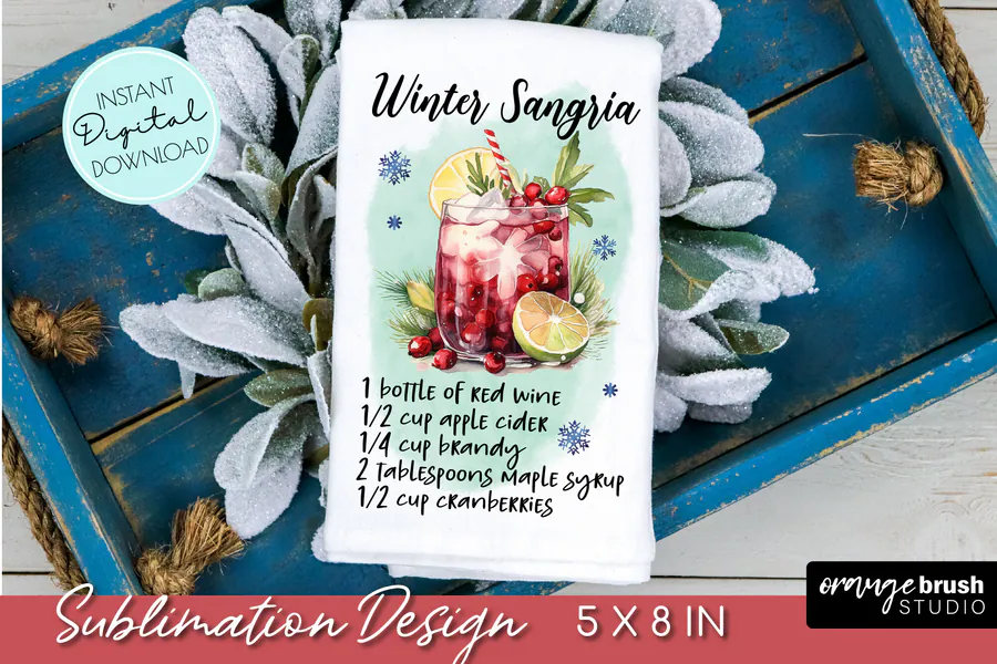 Winter Sangria Christmas towel artwork with a watercolor drink and recipe lettering