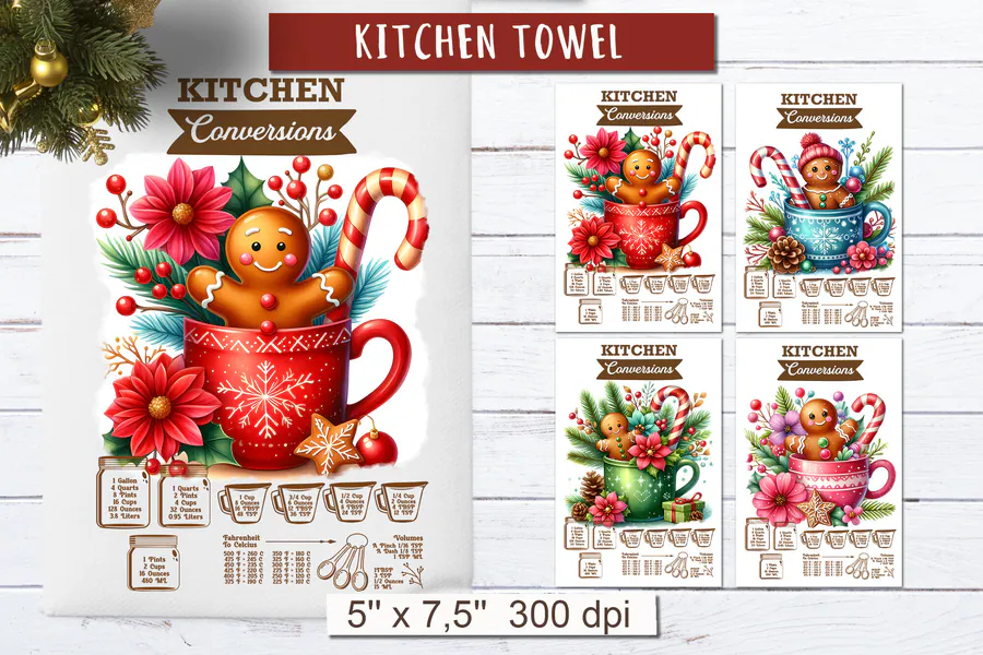 Gingerbread Christmas kitchen conversion towel designs with decorative mugs