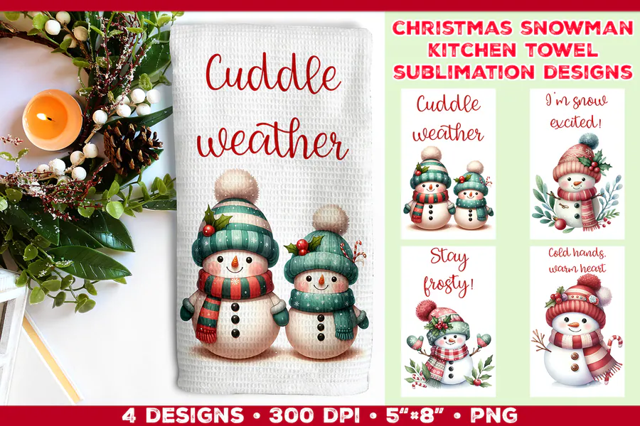 Jolly snowman kitchen towel set with Cuddle Weather and Stay Frosty quotes