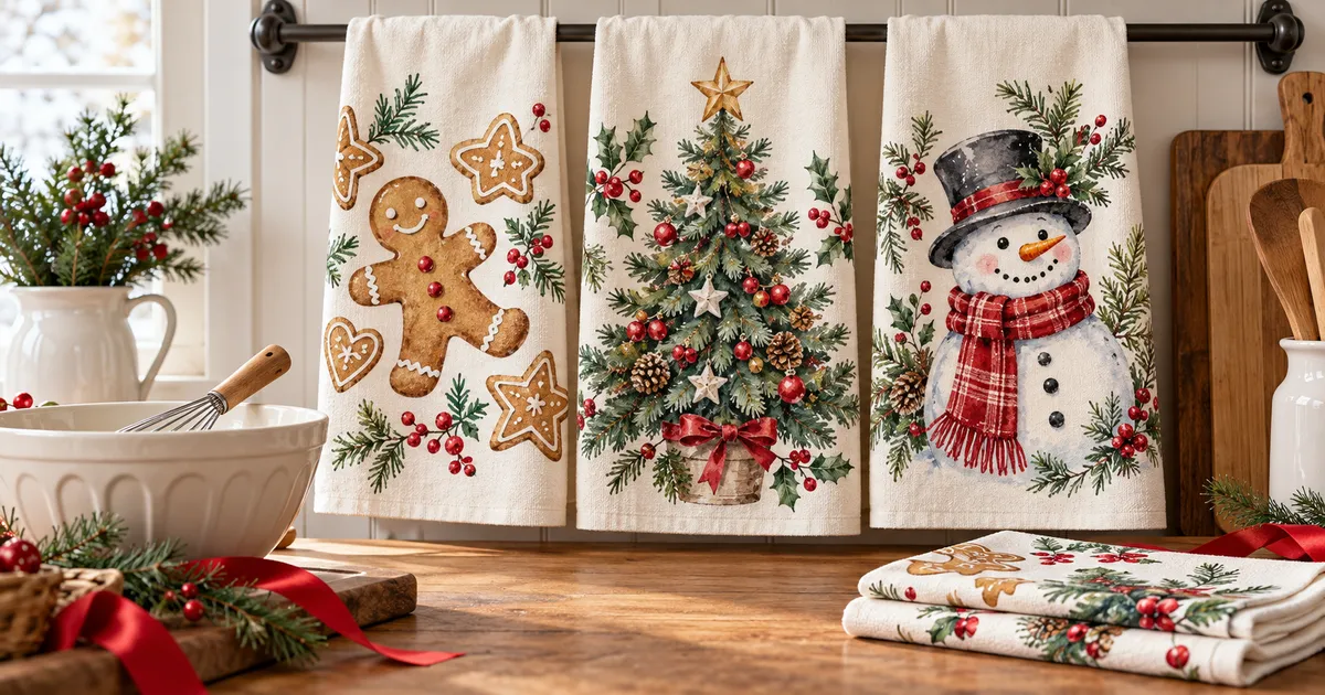 Christmas kitchen towel sublimation ideas with festive gingerbread and snowman designs on light towels