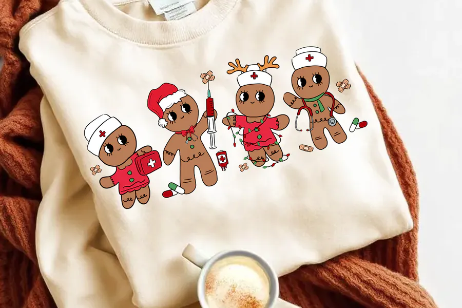 Retro gingerbread nurse Christmas artwork with three festive medical cookie characters
