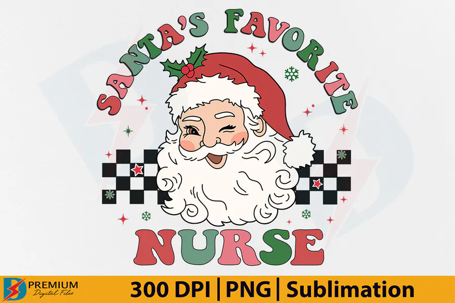 Santas Favorite Nurse PNG preview with smiling Santa and pink lettering
