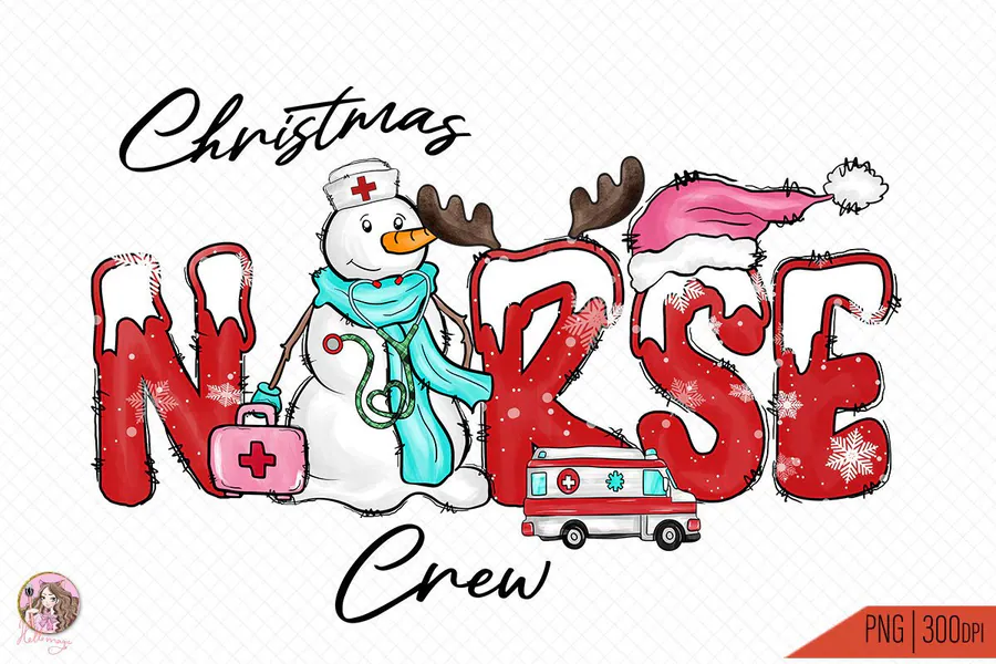 Christmas Nurse Crew PNG design with holiday lettering and medical accessories