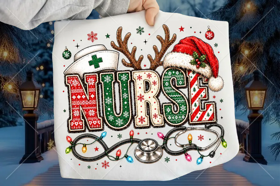 Patterned NURSE Christmas lettering with Santa hat, antlers and stethoscope
