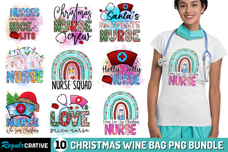 Ten Christmas nurse PNG designs with rainbows, nursing sayings and festive medical icons
