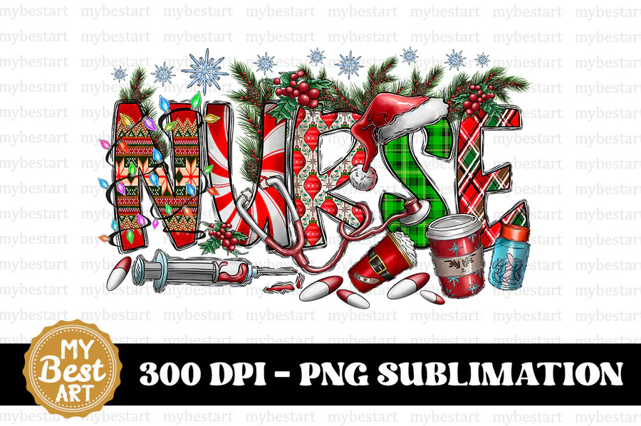 Red and green Christmas NURSE lettering with festive ornaments and medical details