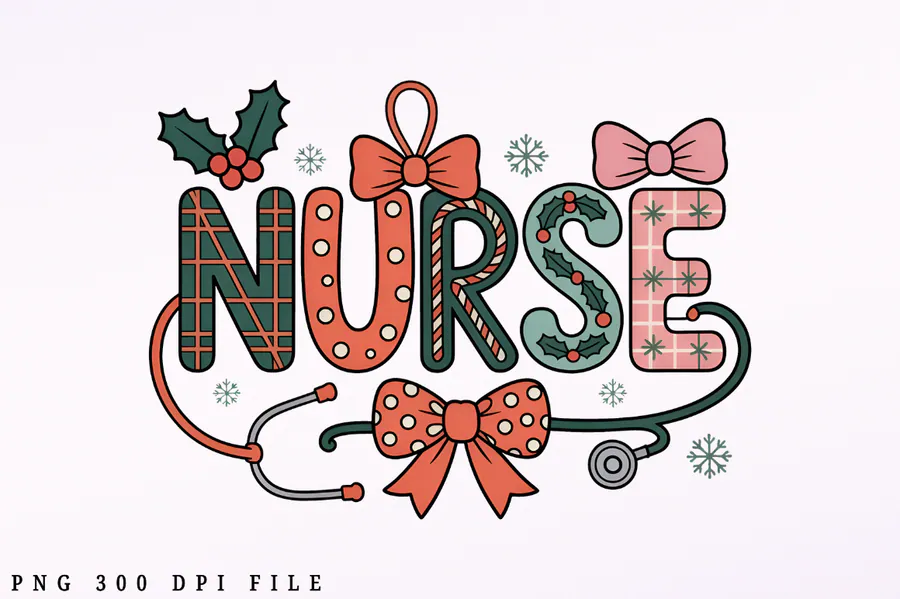 Preppy Christmas NURSE lettering in pastel colors with bows and a stethoscope