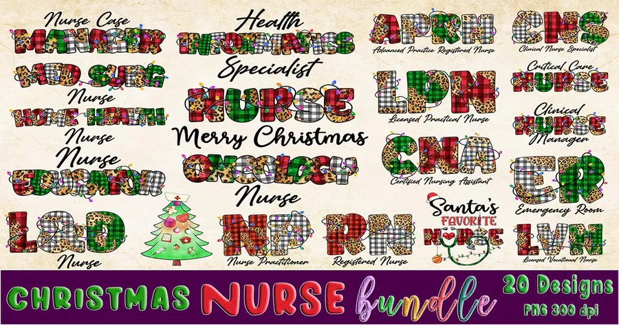 Christmas nurse job title bundle with RN, CNA, LPN and nursing specialty designs