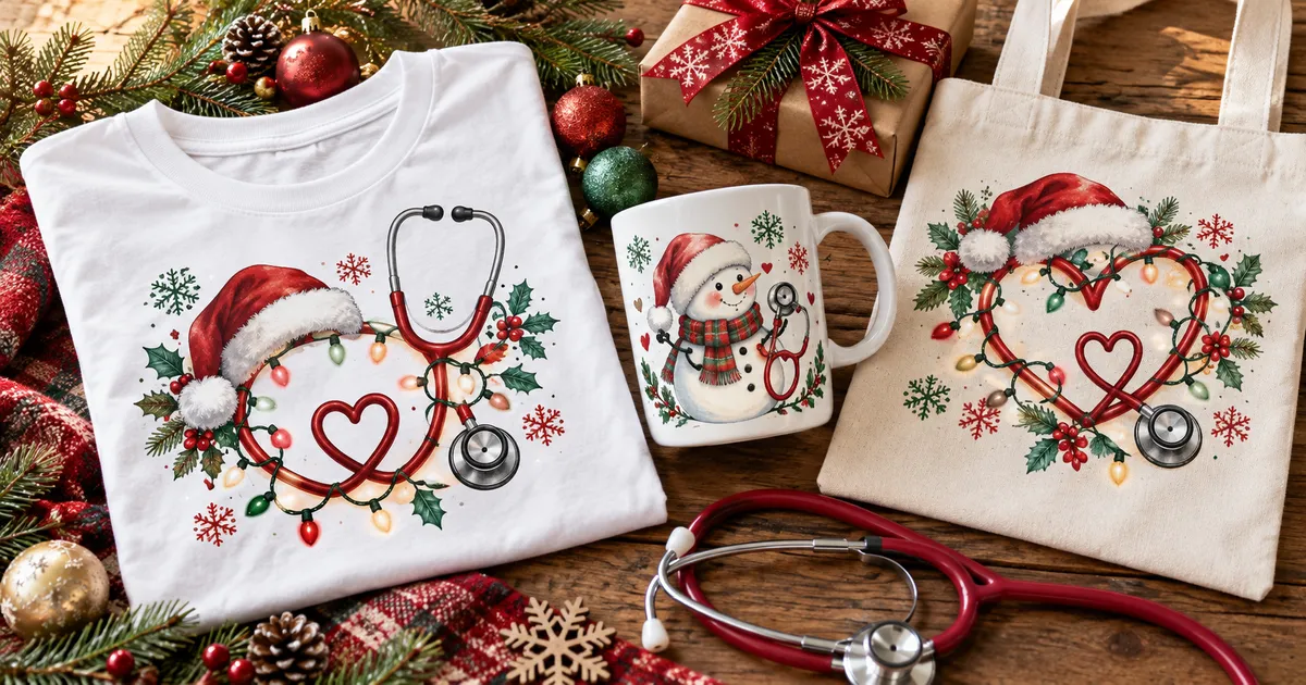 Christmas nurse sublimation craft ideas with a festive stethoscope motif on a light shirt, mug and tote