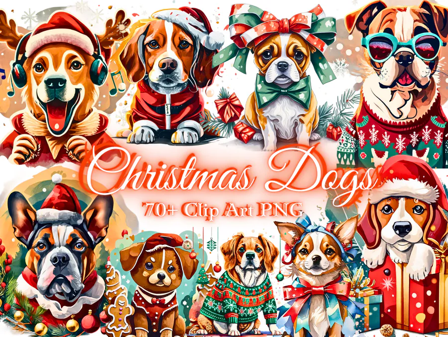 Christmas dog portraits in festive hats from a large clipart collection