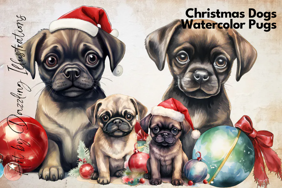 Four watercolor Christmas pugs with additional holiday ornaments and gifts