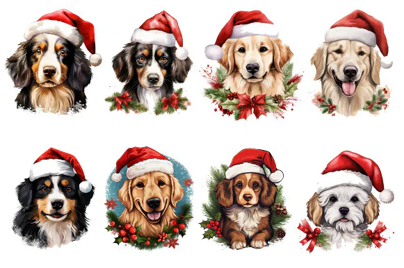 Different dog breeds wearing Santa hats with Christmas greenery
