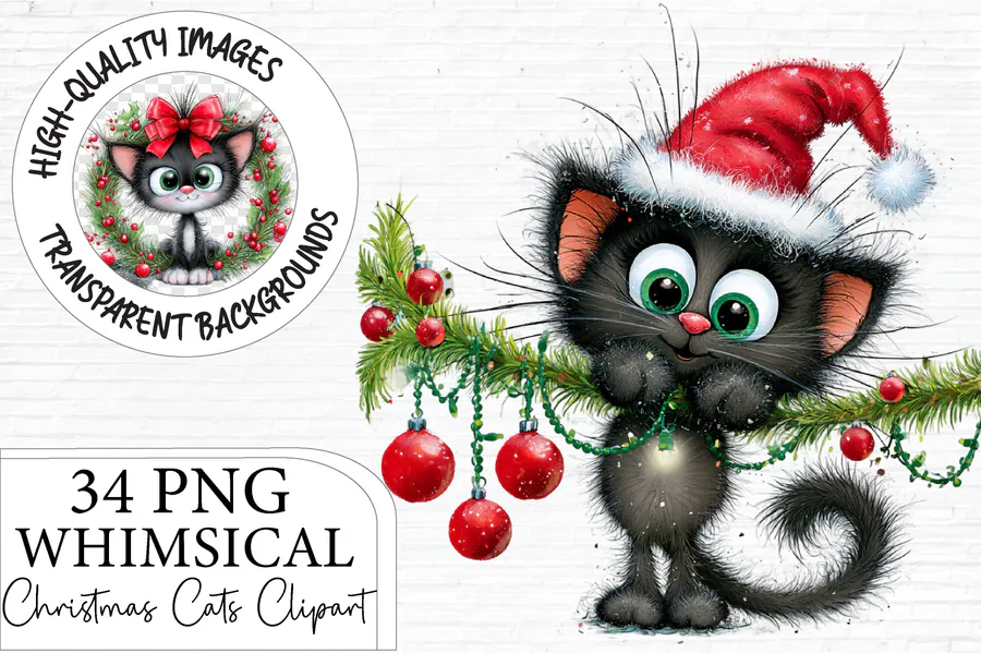 Whimsical black Christmas kitten with a Santa hat and holiday greenery
