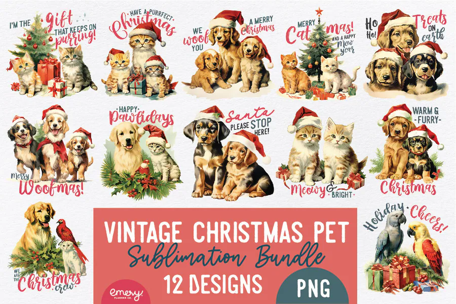 Vintage-style Christmas dogs and cats with holiday lettering